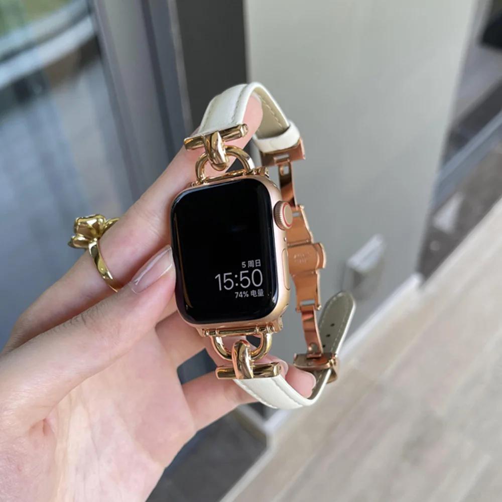 Women Leather Bracelet for Apple Watch Ultra 2 49mm 10 42mm 46 Butterfly Buckle Band for iWatch 9 8 7 6 SE 5 41mm 45mm 38 40 44