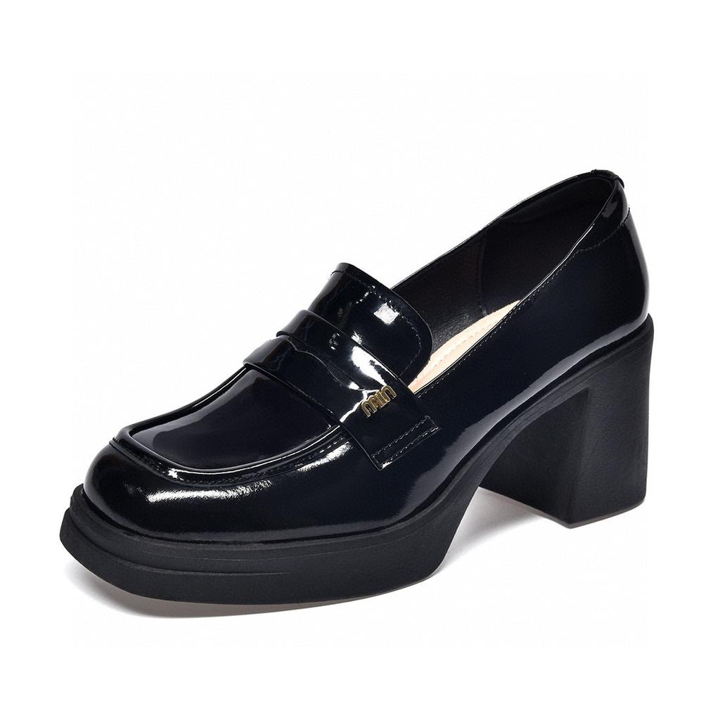 Square head high heels women's shoes spring new deep mouth single shoes college style black thick heel small leather shoes