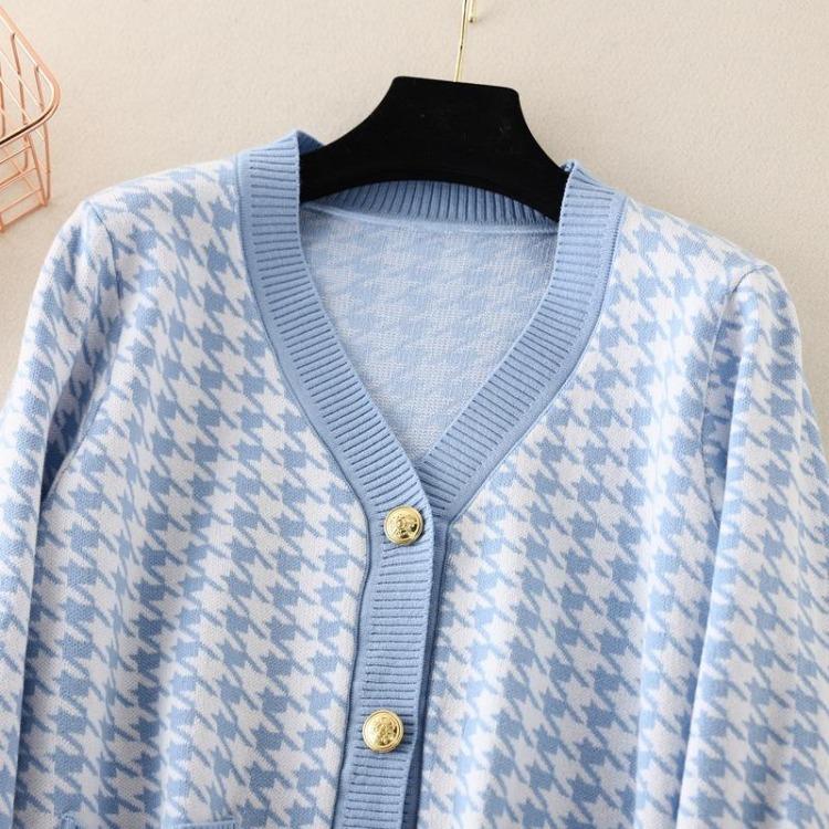 Women Casual Comfortable Knitted Cardigan Houndstooth V Neck Single Breasted Full Sleeve Top Black Gray Pink One Size