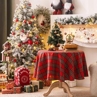 Round Christmas Tablecloth- Red Buffalo Plaid Christmas Table Cloth, Xmas Tablecloths For Dining Table, Party, Kitchen Decor