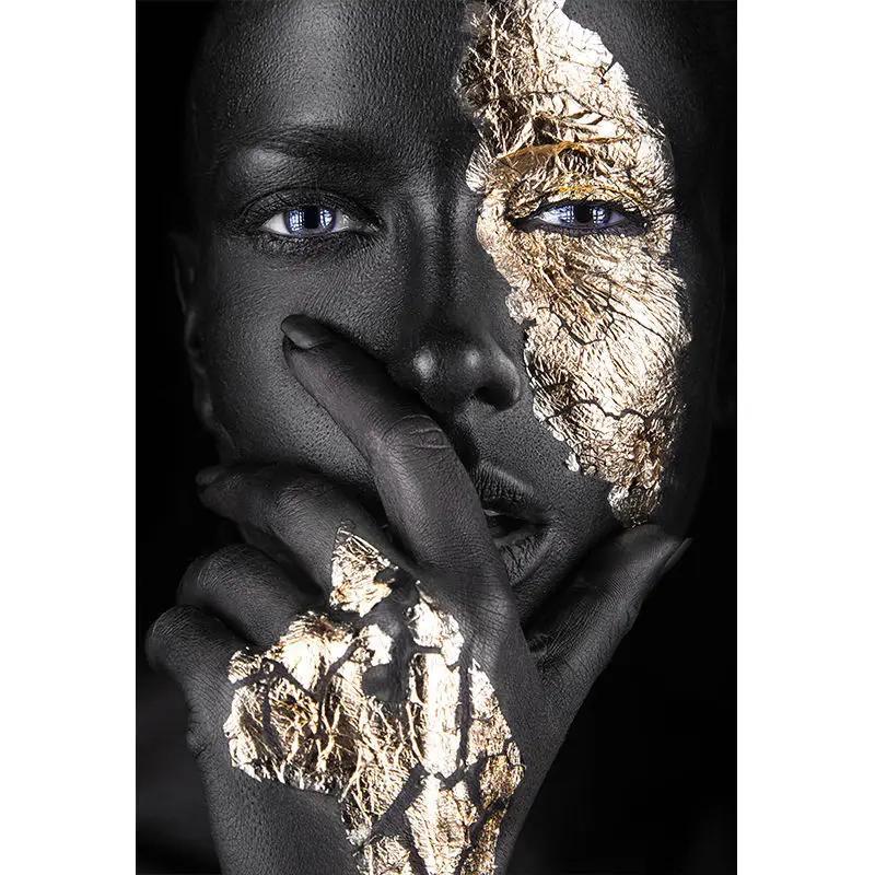 African Art Black and Gold Woman Oil Painting On Canvas Picture for Living Room Contemplator Posters and Prints Scandinavian