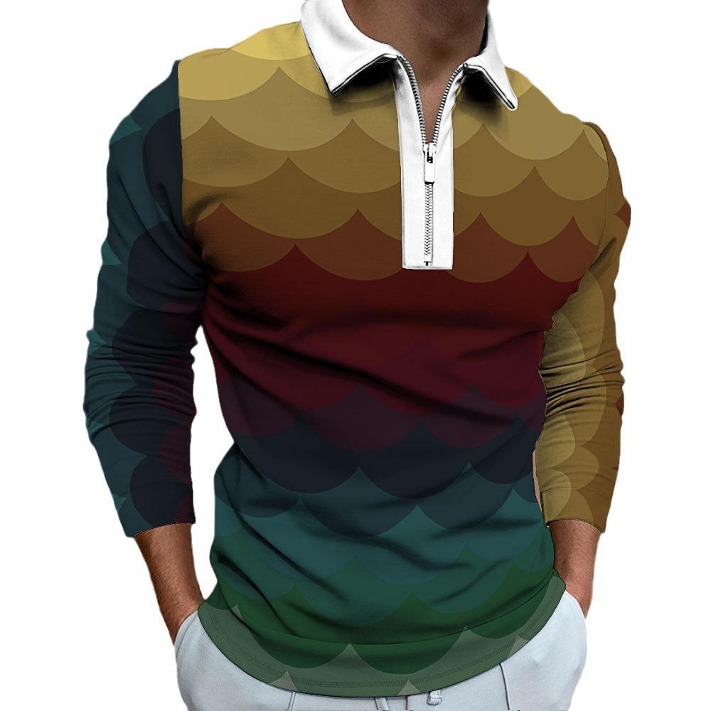 New Men's Zip Casual Men's Digital Printed Long Sleeve Polo Sweatshirt