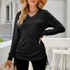 Ladies Casual Color Long Sleeve V-neck Side Drawcord Pleats T-Shirt Top