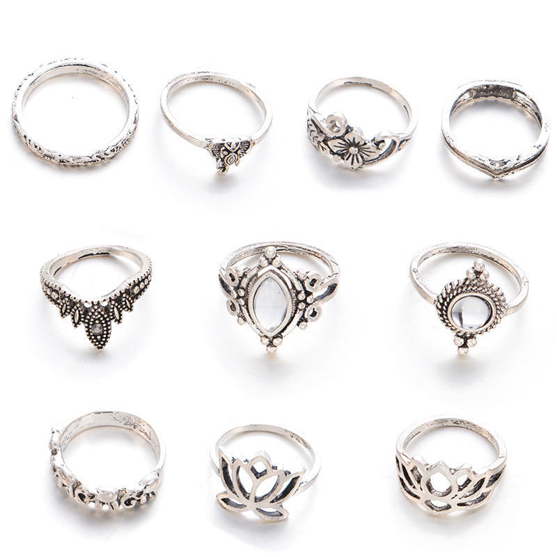 Retro Exaggerated Hollow Engraved Dabao Stone Lotus Shape 10-Piece Combination Ring