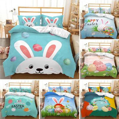 Ensemble Housse de Couette de Pâques Taille KingQueen Motifs Œufs de Pâques Colorés Nid Lapins Thème Ensemble de Literie Enfants Garçons Filles Housse de Couette en Polyester