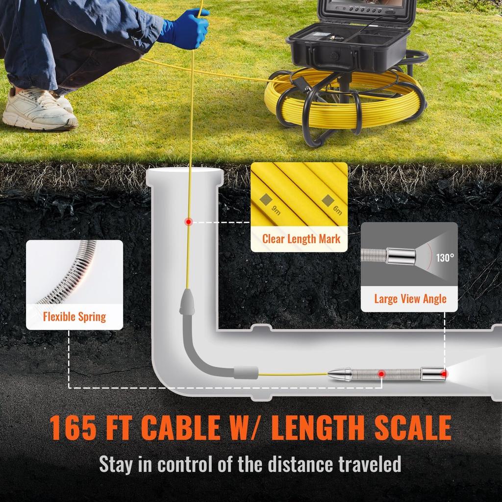 Sewer Camera Pipe Inspection Camera 9-inch 720p Screen Pipe Camera 165 ft