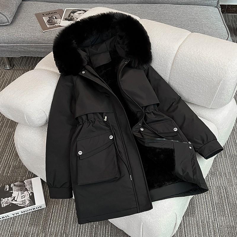 Womens Winter Thick Padded Coat Mid-Length Loose Fit Casual Commute Style With Faux Fur Hood