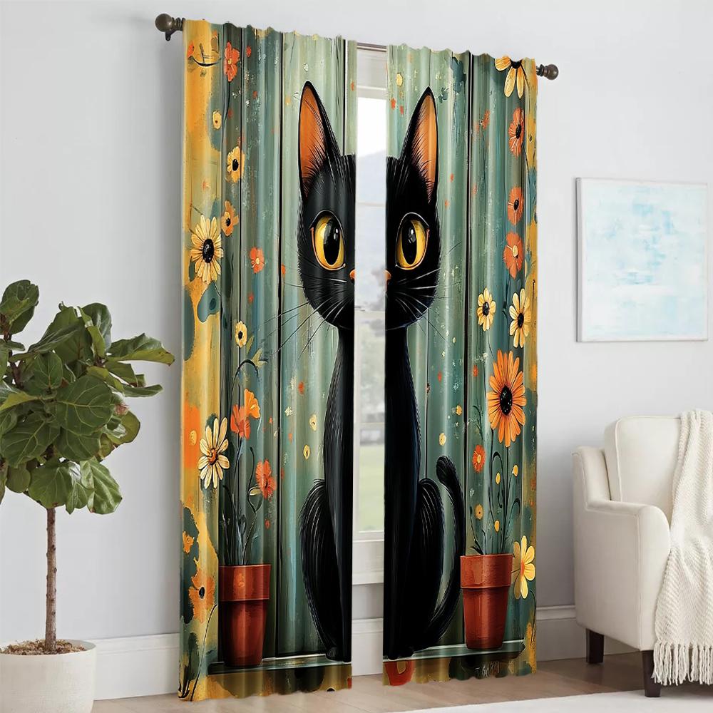 2 pcs   versatile polyester transparent curtains for home decoration Charming Rustic Black Cat & Floral for use in bedrooms and