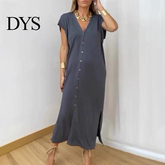 Loose Fit Solid Color Dress Womens Summer Casual Short Sleeve Midi V-neck Comfortable Lightweight Button Down Shirt for Daily Life Dating Work