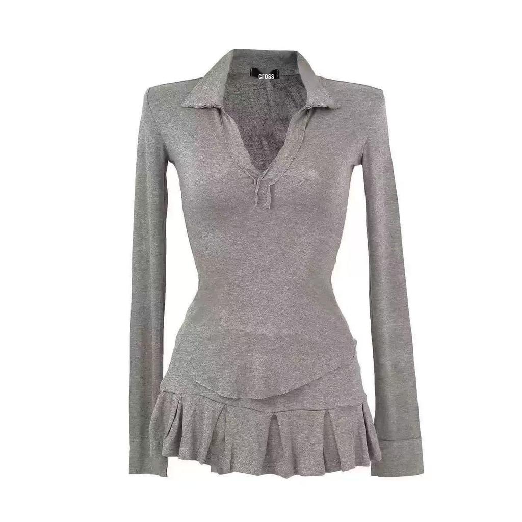 Elegant Deep V-Neck Long-Sleeve Top & High-Waisted Pleated Skort Set