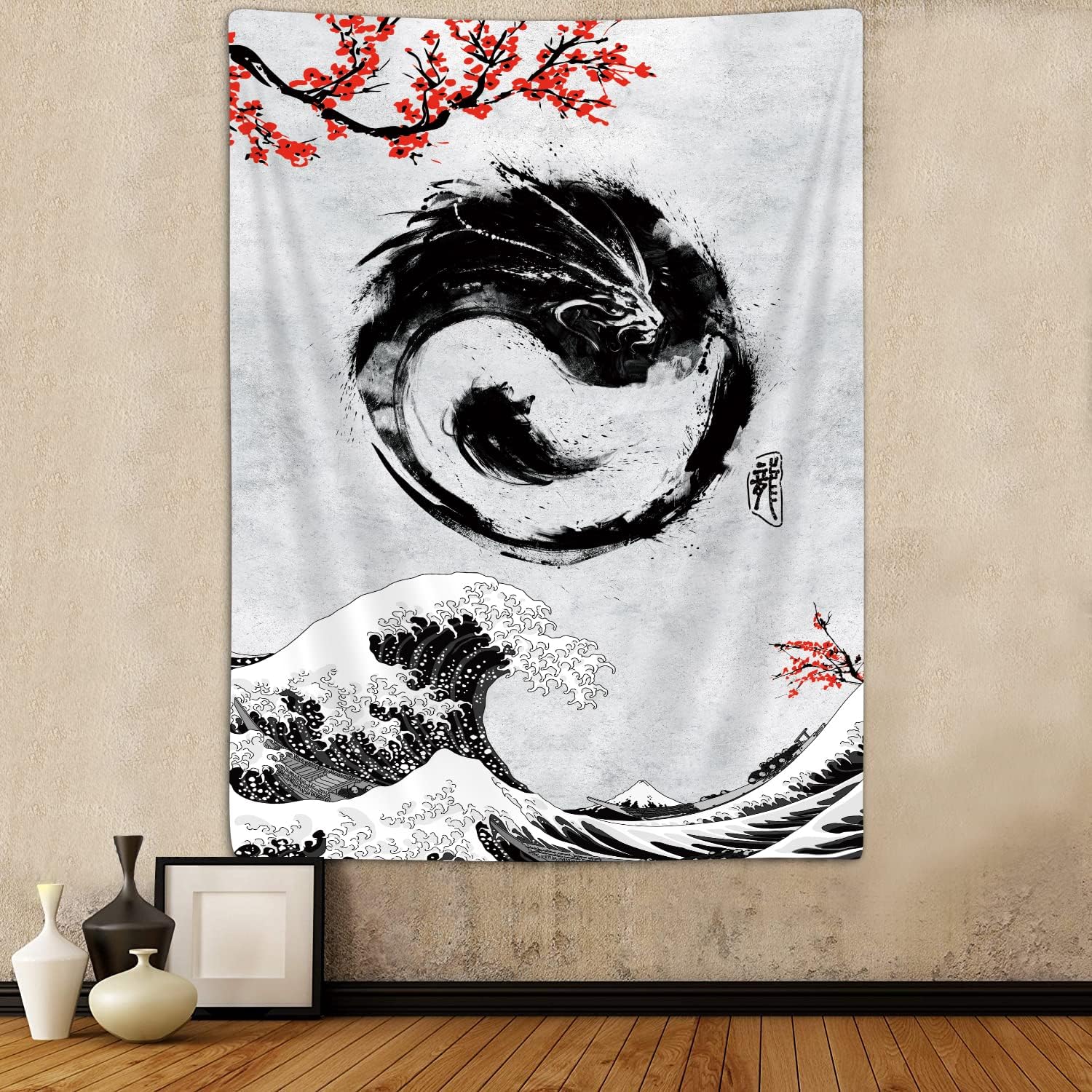 

Koi Fish Yin Yang Wall Tapestry Japanese Art Decor Red Cherry Blossom Design Boho Bedroom Living Room Home Interior Hanging 74x94cm(29x37in)