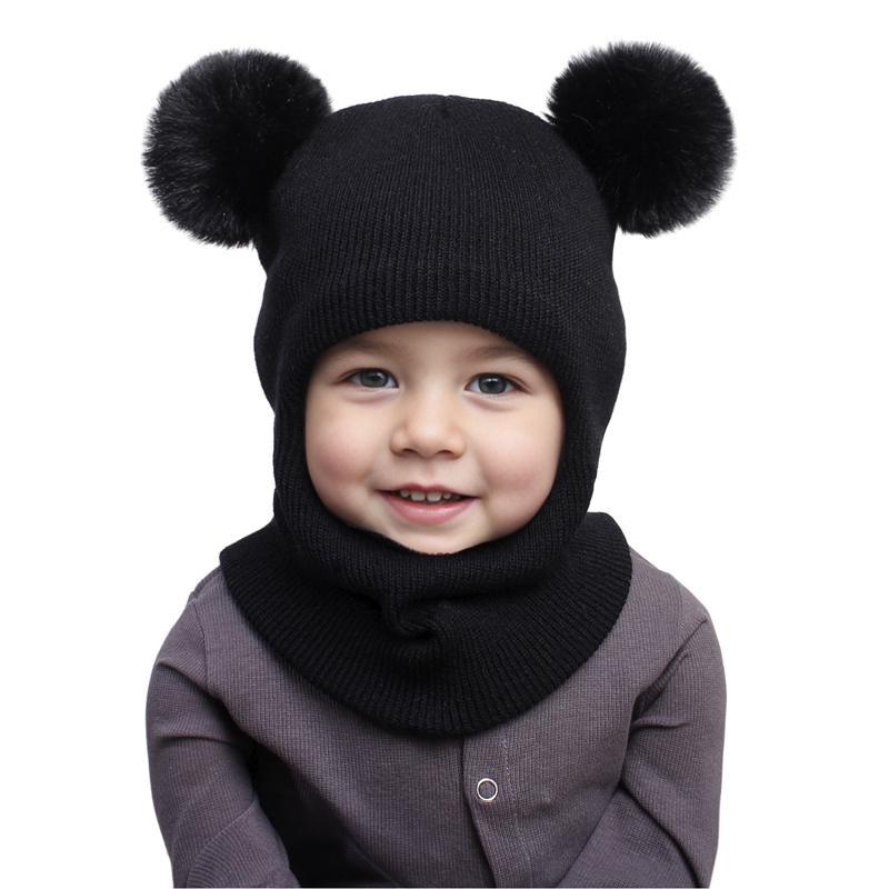 Bommel Baby Wintermütze Schal Einteiler Kinder Strickmütze Warme Ohren Hals Kinder Motorhaube Säuglingsmütze für Mädchen Jungen 1-5 Jahre