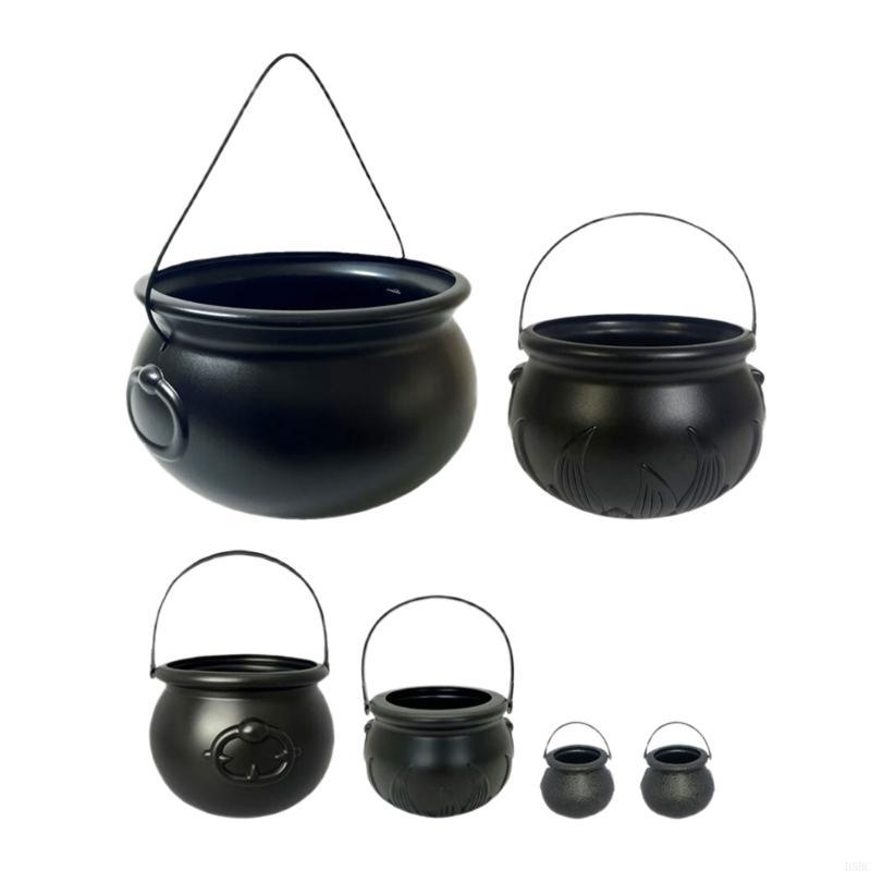 6 Puece Halloween Party Essential Plastic Black Witch Cauldron Bucket for Candy and Treats Container Bowl Decoration