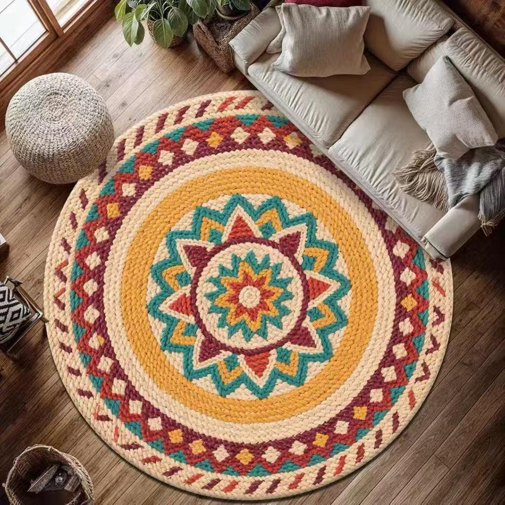 Okrągły Dywan Mandala Mata Dywanik Boho Etniczny Dekoracja Domu Antypoślizgowy Ręcznie Tkany Kolorowy Geometryczny Mata Podłogowa do Salonu