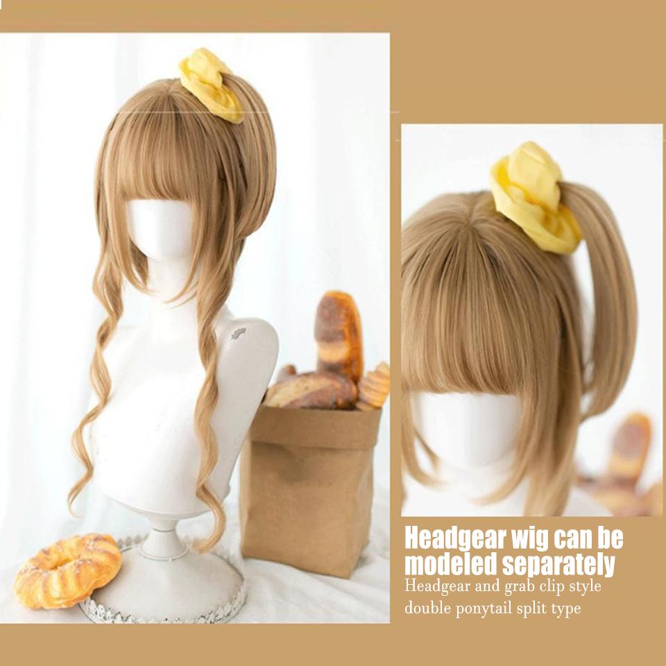 Linen Gold Double Ponytail Synthetic Wig Female Natural Elegant Linen Gold Long Curly Lolita Double Ponytail Full Head Wig