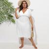 Women Bikini Cover Up Dress Solid Color V-Neck Short Sleeve Elastic High Waist Tassel Patchwork