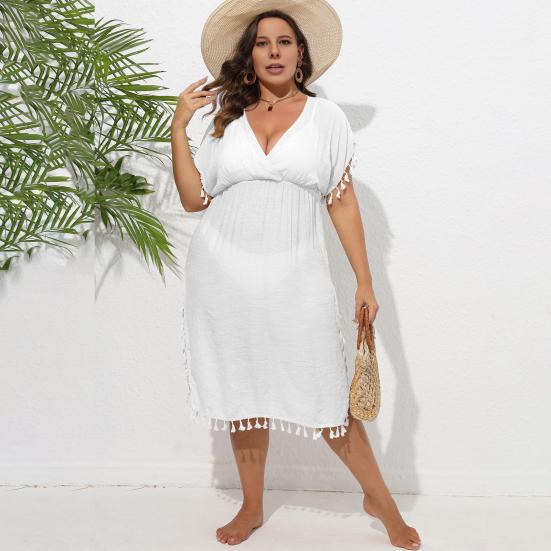 Women Bikini Cover Up Dress Solid Color V-Neck Short Sleeve Elastic High Waist Tassel Patchwork Cover Up Dress