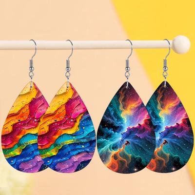 2pairs Summer Vacation Style Colorful Abstract Pattern PU Earrings for Women Girls, Boho Oil Painting Style Waterdrop Hoop Earrings