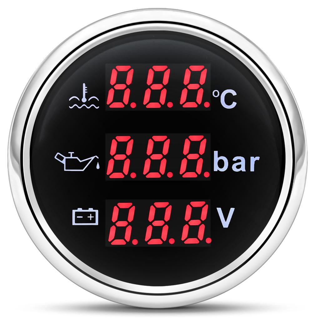 52mm 3 In 1 Water Temperature Oil Pressure Voltmeter With Alarm Gauge For Marine Car Boat Multi-Function Waterproof LCD Meter