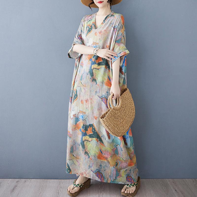Summer Casual Artistic Plus Size Loose Print V-neck Short Sleeved Dress