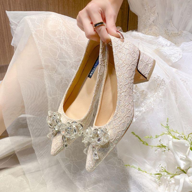 Pointed Rhinestone Bow Versatile Single Shoes Women's 2025 Spring and Summer New Thick Heel Sexy Light Mouth Wedding Shoes Middle Heel Shoes
