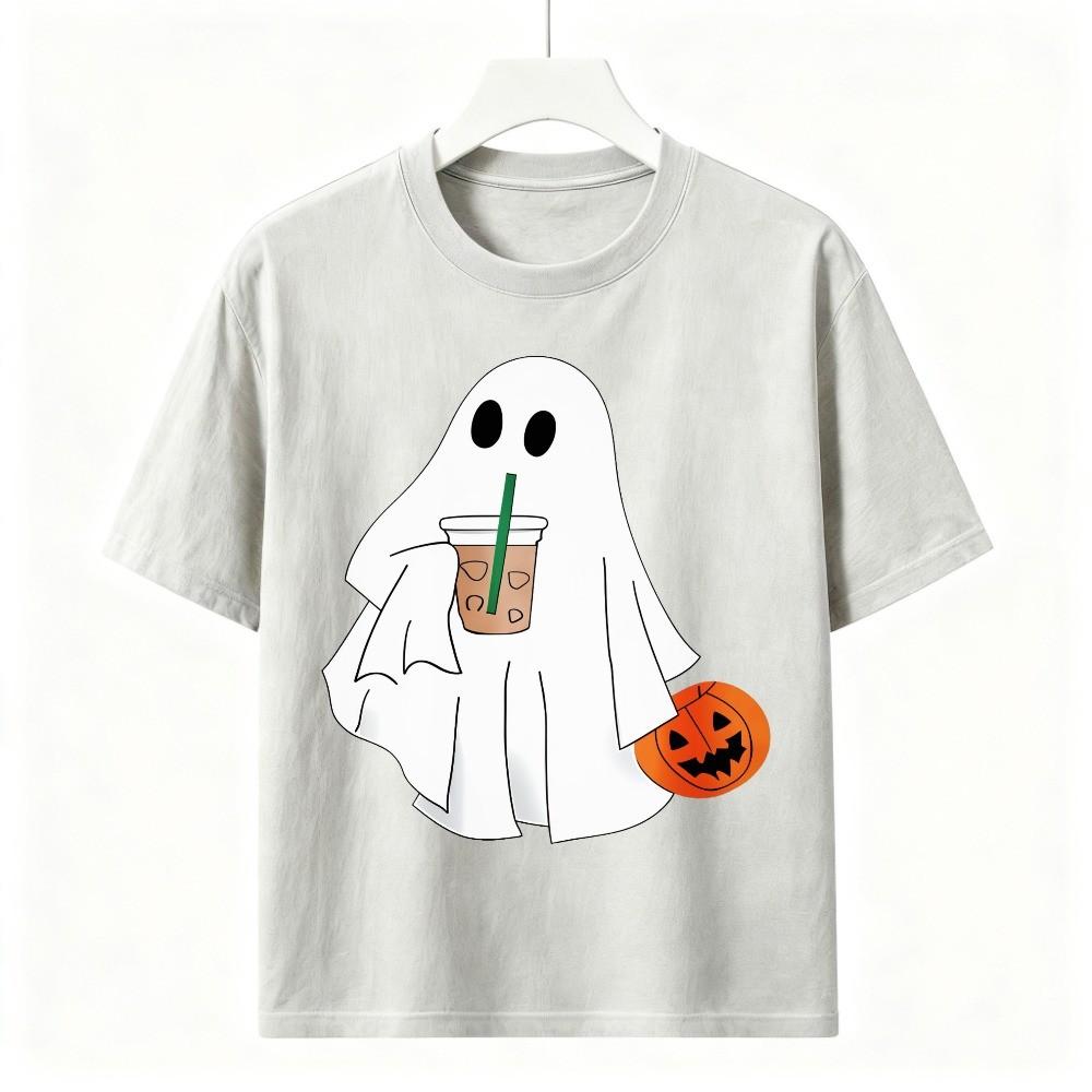 Halloween Ghost Coffee Lover Gift T-Shirt Fall Halloween Casual Graphic Tee