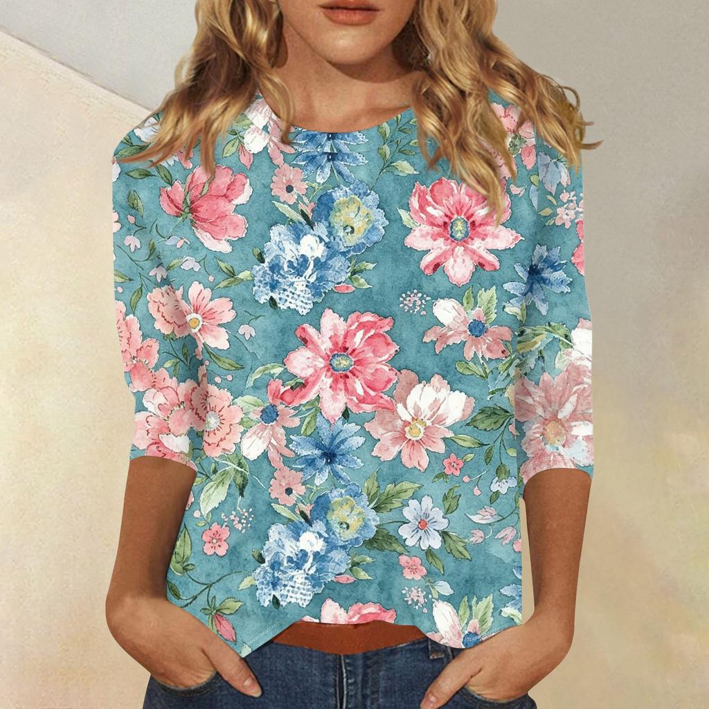 Damen Casual Dreiviertelarm Blumenprint Rundhalsausschnitt Oberteil Leichter Weicher Stoff Bequeme Passform Bluse für den Alltag