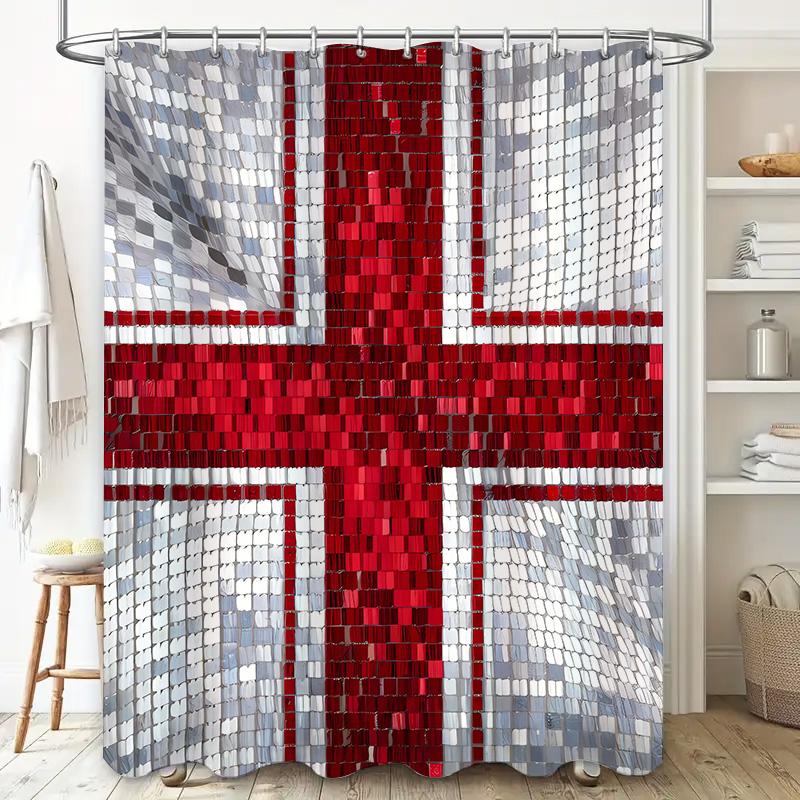 Red Cross Mosaic Shower Curtain Modern Bathroom Decor Waterproof Fabric High Quality Home Accessories For Kids Bathrooms