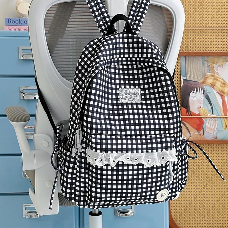 Schoolbag Korean fresh plaid corrugated backpack girl heart lace small schoolbag girls junior high school students female commuter bag