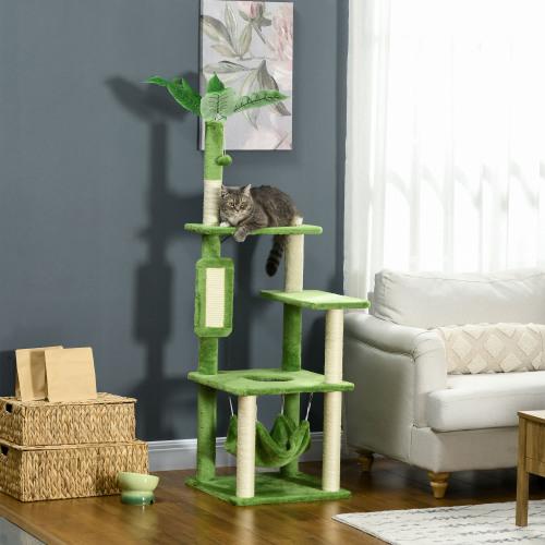 Green Indoor Cat Tree with Hammock, Cat Tower with Scratch Column, Platform, Ball, Indoor Cat Furniture.