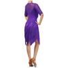 Ladies Glittery Rhinestone Tassel Dress Mesh Patchwork Short Sleeve Irregular Hem Fringe Latin Tango Chacha Dance Dress
