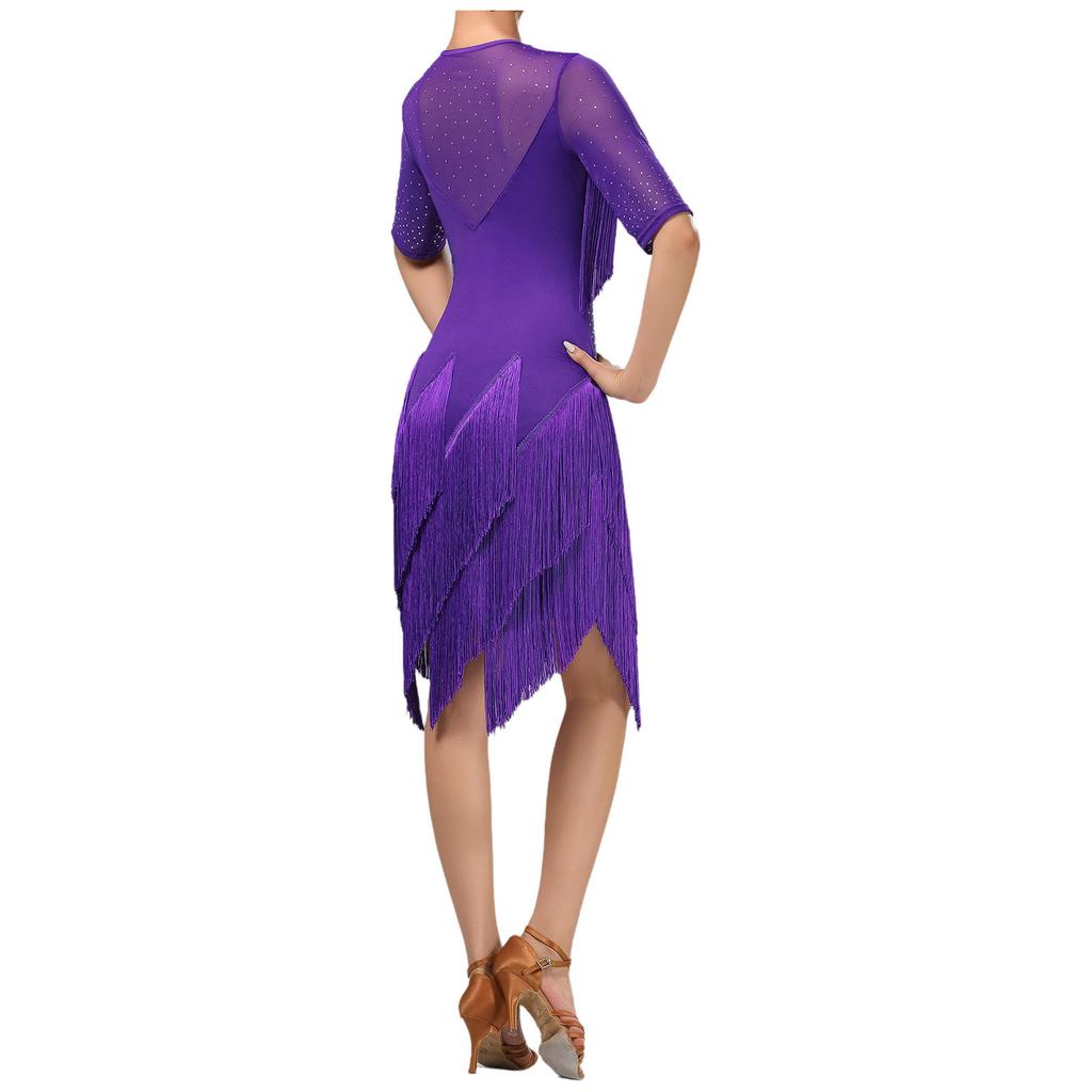 Ladies Glittery Rhinestone Tassel Dress Mesh Patchwork Short Sleeve Irregular Hem Fringe Latin Tango Chacha Dance Dress