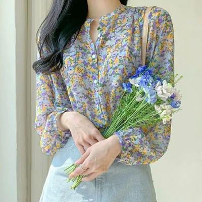 Oversized Chiffon Shirt Ladies Summer Blouse Print Wheat Ear Flower Round Neck Mid-length Blouse