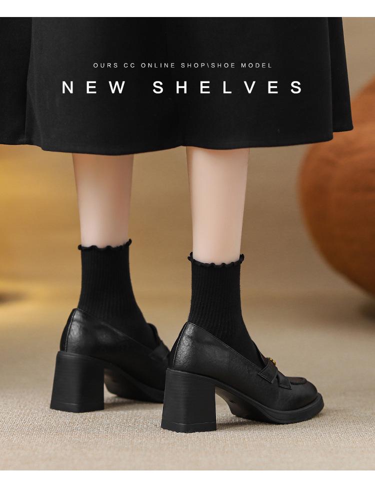 Sheepskin 7.5cm Heel Retro Camellia Loafers: Chunky Heel Black Leather Slip-On Shoes