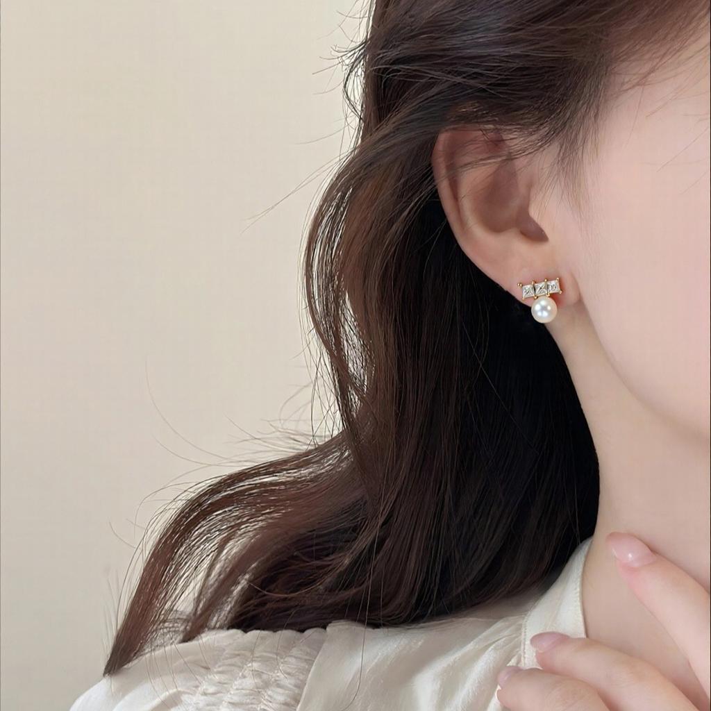 Natural freshwater pearl earrings for women, simple zircon single character balance beam, fashionable and versatile pearl earrings