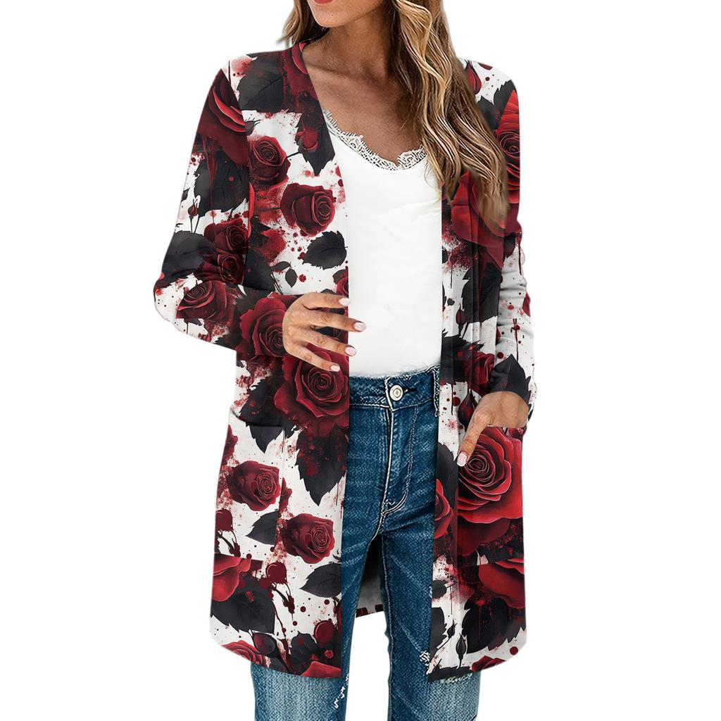 Women's Lightweight Long Sleeve Open Front Cardigans Long Sleeve Lightweight Vintage Printed Coat With Pockets