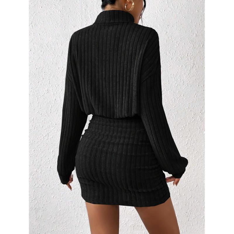 Autumn Winter Slim Fit Fashion Ribbed High Neck Bodycon Long Sleeve Dress