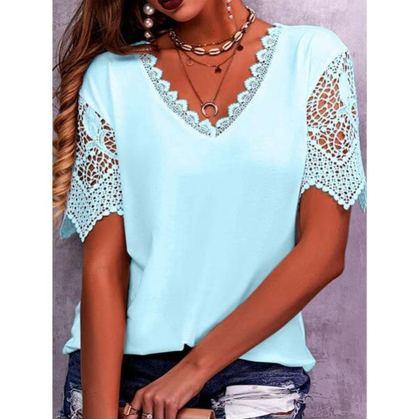 Women's T-shirt Hot Product Lace Stitching Loose V-neck Short-sleeved T-shirt
