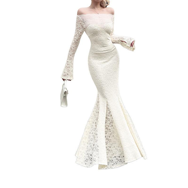 Ilya One-word Shoulder Lace Dress Women, French Long-sleeved Slim-fit High-end Temperament Dress Women