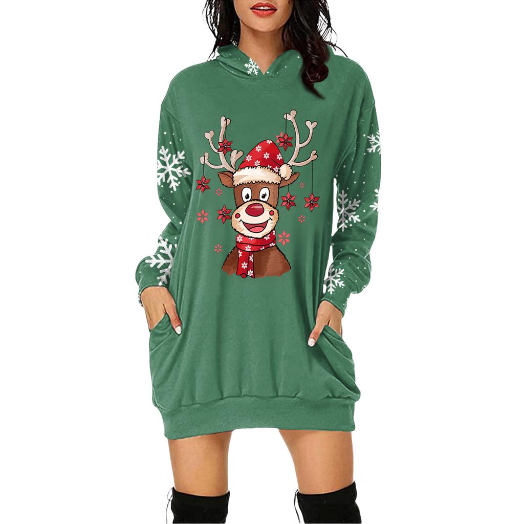 Rochie Pulover cu Glugă și Mâneci Lungi cu Buzunar și Imprimeu de Crăciun pentru Femei