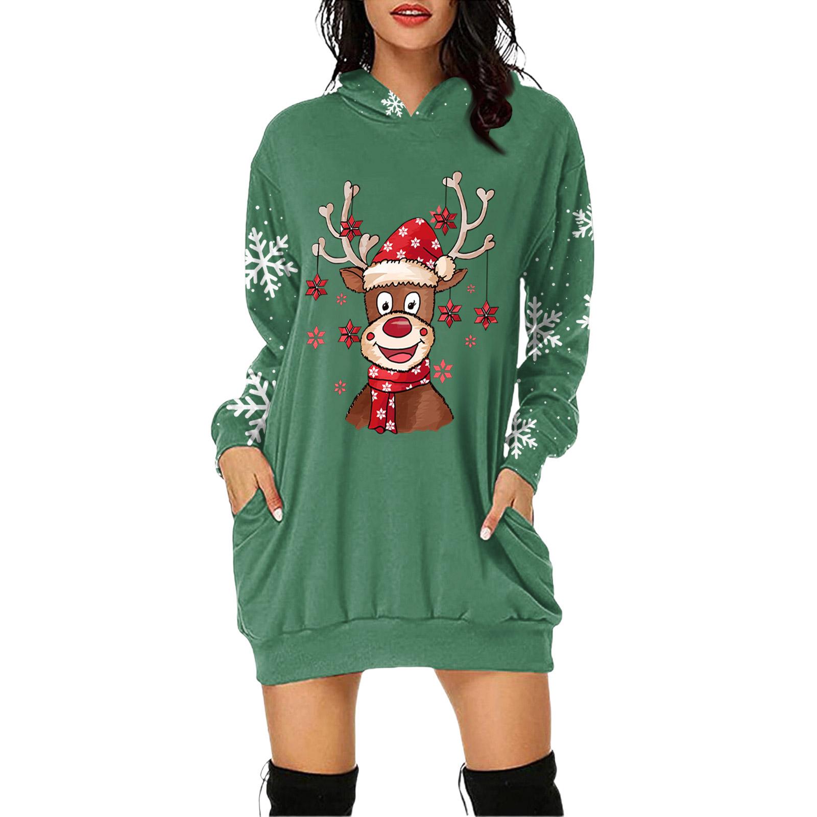 

Жіноча сукня-пуловер з капюшоном і кишенями з різдвяним принтом і довгими рукавами XL зелений