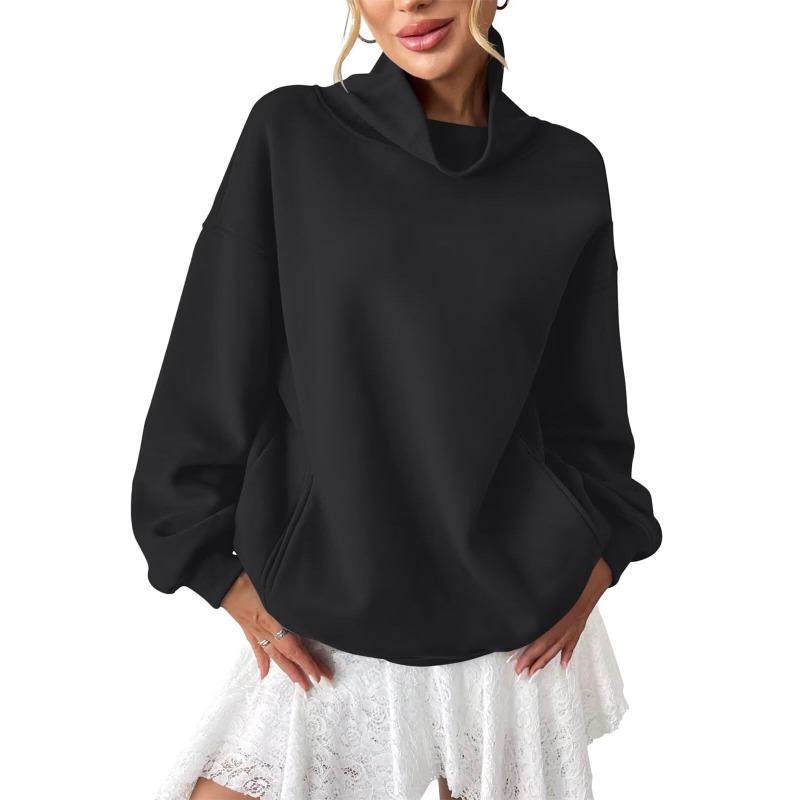 Women Loose Fleece Lined Mock Neck Long Sleeve Pullover Sweatshirt