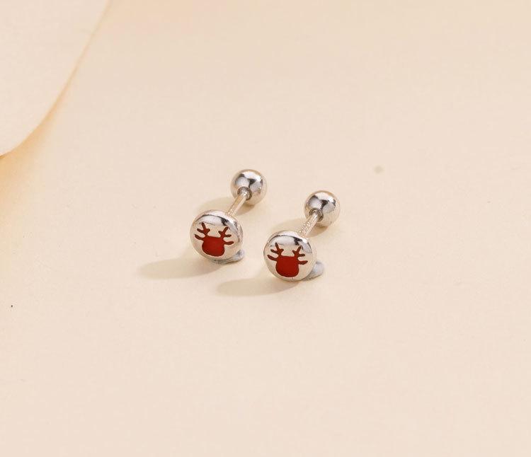 E1504 S999 Silver Elk Stud Earrings: Christmas Twist Screw Bean Design
