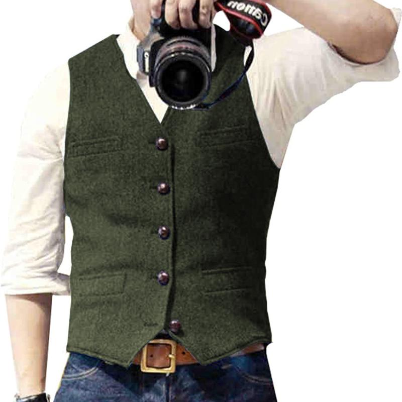 Men's Autumn and Winter V Neck Suits Vest  Herringbone Tweed Slim Fit Waistcoat  Casual Classic Formal Business for Wedding Groomsmen