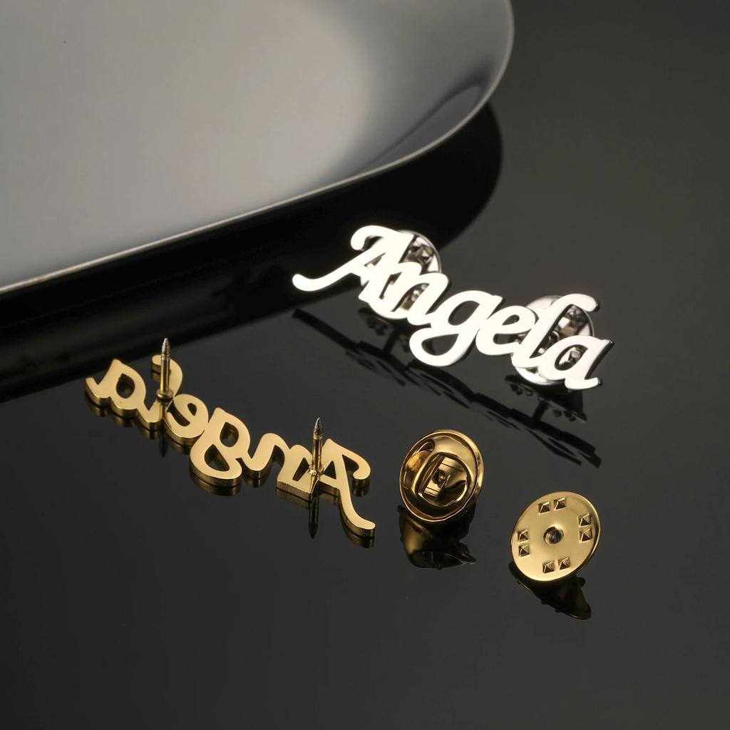 Stainless Steel Custom Name Letters Logo Brooch Personalized Nameplate Pins Badge Trendy Jewelry Gift for Women Men Kids