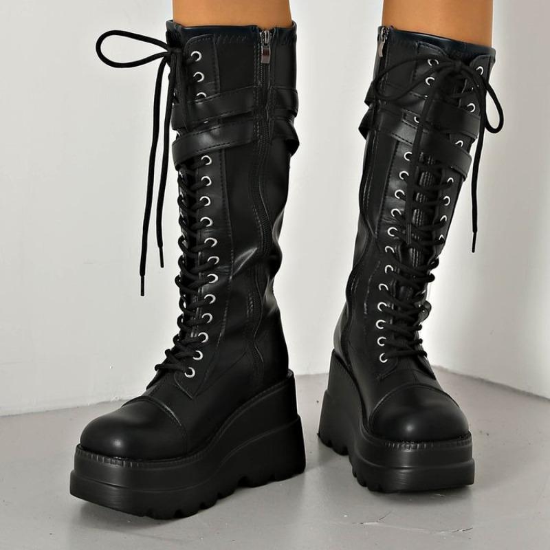 Wedge Heel Tall Boots Fashion Round Toe Strappy Side Zipper Platform Non-Slip Wear-Resistant High Heels