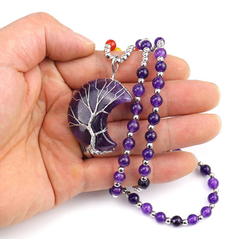 New Gold Plated Copper Wire-wrapped Moon Natural Stone Lucky Tree Necklace Colorful Bead Sweater Chain N563