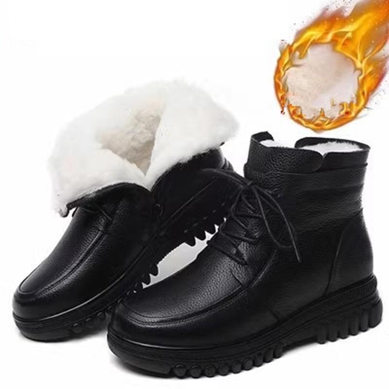 Winter Women Genuine Leather Flat Casual Ankle Boots Female Thick Plush Warm Snow Boots Mother Waterproof Non-slip Booties