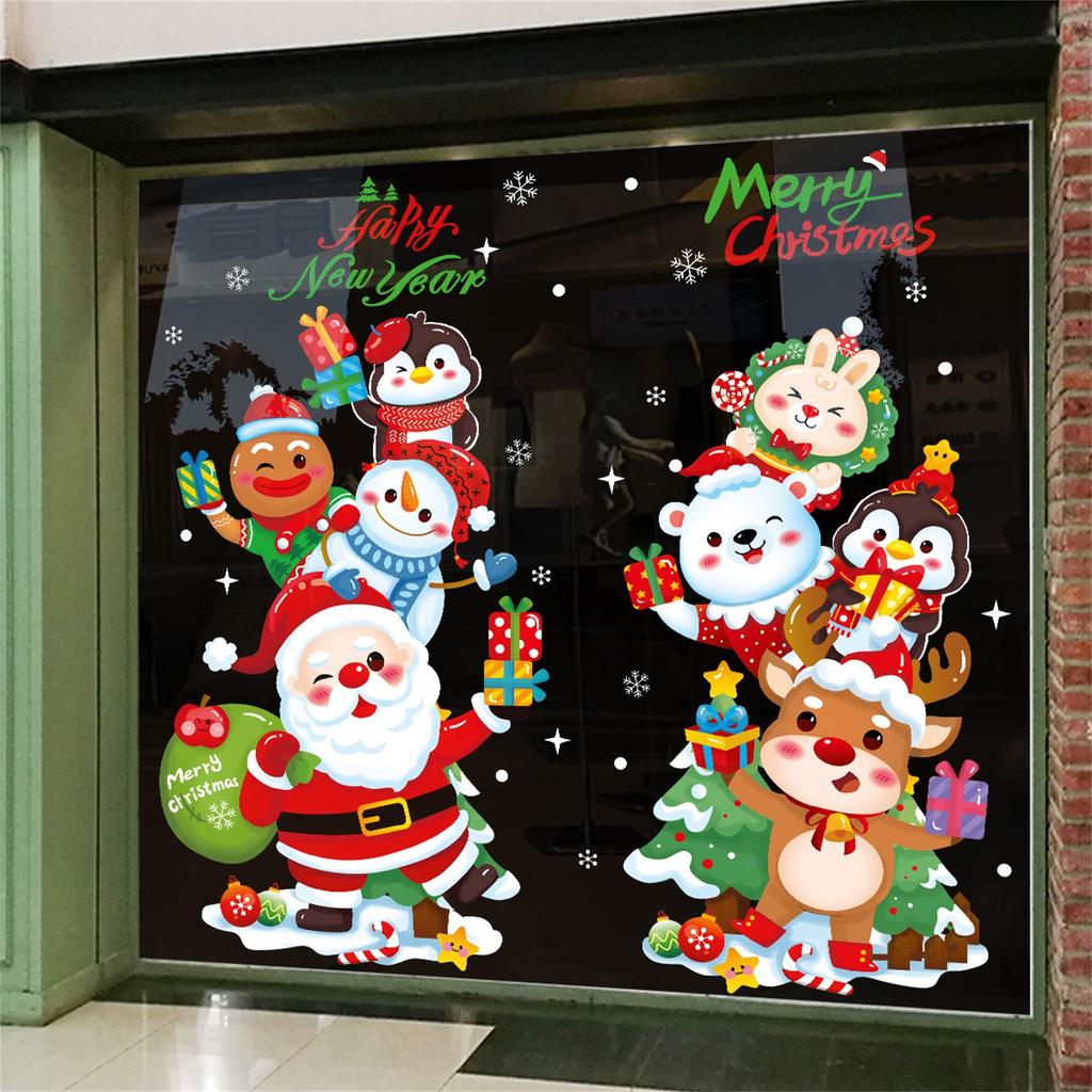 Dekoracje Świąteczne, Naklejki Elektrostatyczne, Naklejki na Centrum Handlowe/ Okno, Naklejki na Okno z Choinką i Świętym Mikołajem, Atmosferyczne Dekoracje Okienne.