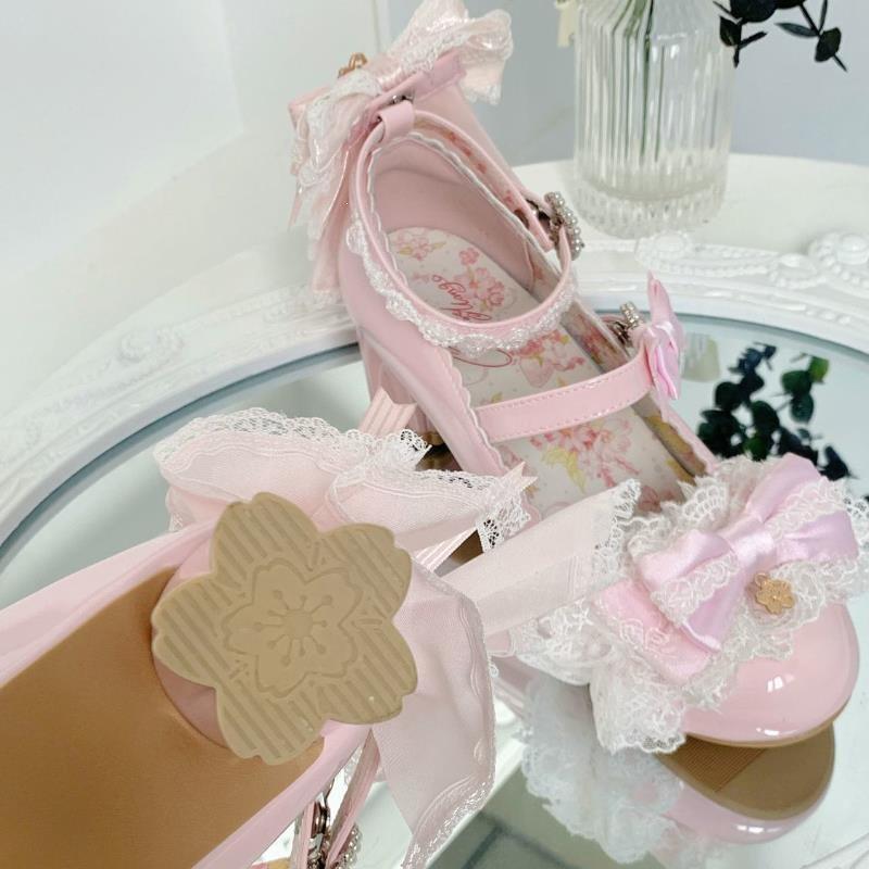 Sweet Girls Lolita Wedding Dress Kitten Heels Shoes Young Women Students Cute Sakura Lace Bowknots Princess Mary Janes Sandals